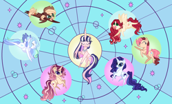 Size: 2780x1684 | Tagged: safe, artist:angellight-bases, artist:wonnie-honey-bee, derpibooru import, oc, oc only, oc:astral starling sentry, oc:cloudburst, oc:cresenda, oc:ginger gold, oc:magnolia, oc:morning gleam, oc:toffee nut, earth pony, pegasus, pony, unicorn, base used, earth pony oc, eyes closed, female, horn, magical lesbian spawn, mare, next generation, offspring, parent:applejack, parent:big macintosh, parent:cheese sandwich, parent:fancypants, parent:flash sentry, parent:fluttershy, parent:pinkie pie, parent:rainbow dash, parent:rarity, parent:soarin', parent:starlight glimmer, parent:sunset shimmer, parent:trouble shoes, parent:twilight sparkle, parents:cheesepie, parents:flashlight, parents:fluttermac, parents:raripants, parents:shimmerglimmer, parents:soarindash, parents:troublejack, pegasus oc, stained glass window, unicorn oc