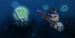 Size: 1920x980 | Tagged: safe, derpibooru import, oc, oc only, unicorn, crabsquid, game, grandreef, solo, subnautica, swimming, terror, underwater, water