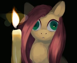 Size: 1280x1045 | Tagged: safe, alternate version, artist:some_ponu, derpibooru import, fluttershy, pegasus, pony, candle, creepy, derp, open mouth, solo, textless, wide eyes