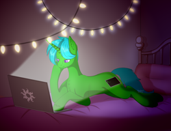 Size: 2989x2300 | Tagged: safe, artist:beast!sans, derpibooru import, oc, oc:green byte, pony, unicorn, bed, computer, laptop computer, male, solo, stallion, string lights