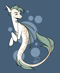 Size: 1000x1200 | Tagged: safe, artist:princessraevinflash, derpibooru import, oc, oc only, merpony, seapony (g4), blue background, bubble, digital art, dorsal fin, fins, fish tail, flowing tail, gills, green eyes, green mane, male, ocean, signature, simple background, solo, swimming, tail, underwater, water