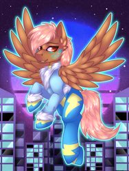 Size: 1500x2000 | Tagged: safe, artist:chvrchgrim, derpibooru import, oc, oc:radio, pegasus, pony, augmented, city, clothes, cyber, cyberpunk, female, flying, jacket, retrowave, solo, synthwave, uniform, wonderbolts uniform