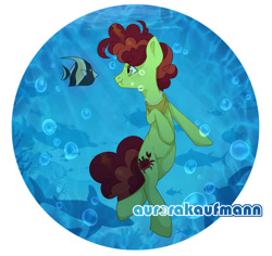 Size: 920x869 | Tagged: safe, artist:aurorakaufmann, derpibooru import, oc, oc only, earth pony, fish, pony, shark, brown mane, bubble, commission, digital art, freckles, golden eyes, jewelry, necklace, ocean, pearl necklace, solo, swimming, underwater, water, ych result