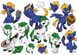 Size: 4676x3308 | Tagged: safe, artist:dar, derpibooru import, oc, oc only, oc:meadow skip, oc:slashbuckler, earth pony, pegasus, fanfic:song of seven, ..., braid, braided tail, bucket, clothes, colored fetlocks, cutie mark, earth pony oc, eyes closed, guitar, hammer, heart, hooves, laughing, long tail, lute, music, music notes, musical instrument, nails, pegasus oc, playing instrument, raised hoof, raised leg, shield, short tail, simple background, singing, smiling, solo, tail, transparent background, unshorn fetlocks, wings, yelling