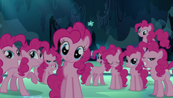 Size: 1280x720 | Tagged: safe, derpibooru import, screencap, pinkie pie, earth pony, pony, season 3, too many pinkie pies, clone, female, looking at you, mare, multeity, pinkie clone, this will not end well, too much pink energy is dangerous