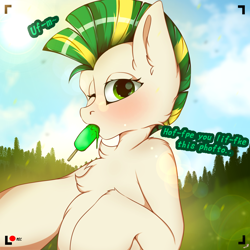 Size: 2000x2000 | Tagged: safe, artist:chura chu, derpibooru import, oc, oc only, pony, commission, female, females only, food, green eyes, green hair, ice cream, looking at you, meadow, one eye closed, shading, solo, solo female, wink, winking at you, ych result