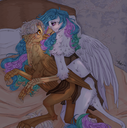 Size: 2100x2110 | Tagged: safe, derpibooru import, princess celestia, oc, oc:alviss, griffon, bed, clothes, duo, griffon oc, griffonized, loincloth, lying down, night, species swap, tribal, underwear, wings