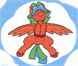 Size: 2362x1998 | Tagged: safe, artist:sefastpone, derpibooru import, oc, oc only, oc:summer lights, pegasus, pony, cloud, eyes closed, glasses, lying down, lying on a cloud, male, on a cloud, on back, raffle prize, sky, spread legs, spread wings, spreading, stallion, wings