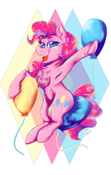 Size: 1573x2480 | Tagged: safe, artist:dankpegasista, derpibooru import, pinkie pie, balloon, chest fluff, colorful, detailed, geometry, jumping, lineart, simple background, smiling, solo, transparent background