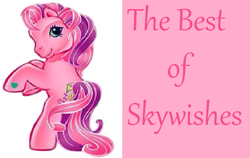 Size: 1667x1053 | Tagged: safe, artist:princessroselightcupcake, derpibooru import, edit, skywishes, earth pony, pony, g3, best pony, cute, cutewishes, female, hoof heart, mare, pink background, pink text, rearing, simple background, smiling, solo, text