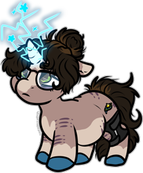 Size: 980x1185 | Tagged: safe, artist:sexygoatgod, derpibooru import, oc, oc only, oc:ace salacious, pony, unicorn, chibi, chubby, glasses, hair bun, leg brace, messy mane, simple background, solo, species swap, transparent background