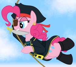 Size: 2349x2062 | Tagged: safe, artist:legendoflink, derpibooru import, pinkie pie, earth pony, pony, boots, clothes, cute, diapinkes, ear piercing, earring, eyepatch, female, hat, jewelry, mare, mouth hold, piercing, pinktober, pirate, pirate outfit, rope, shoes, solo, swinging, sword, weapon