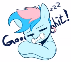 Size: 2450x2122 | Tagged: safe, artist:maren, derpibooru import, oc, oc only, oc:blue chewings, earth pony, pony, bust, chew toy, high res, onomatopoeia, simple background, sleeping, solo, sound effects, white background, zzz