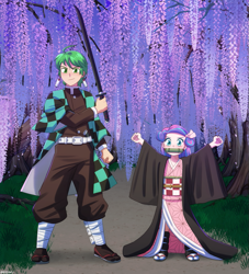 Size: 727x800 | Tagged: safe, artist:riouku, derpibooru import, princess flurry heart, spike, human, clothes, commission, costume, cute, demon slayer, humanized, kimetsu no yaiba, nezuko kamado, nightmare night, sword, tanjiro kamado, uncle spike, weapon