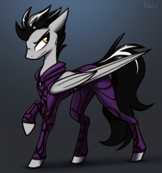 Size: 1936x2063 | Tagged: safe, artist:fenixdust, derpibooru import, oc, oc only, oc:bail, pegasus, black and white mane, bodysuit, clothes, commission, folded wings, golden eyes, large wings, looking back, male, pegasus oc, raised hoof, raised leg, serious, serious face, slim, solo, stallion, standing, uniform, wings