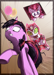 Size: 3070x4205 | Tagged: safe, artist:vultraz, derpibooru import, pinkie pie, twilight sparkle, earth pony, pony, unicorn, balloon, ceiling pony, elevator, female, gritted teeth, jojo's bizarre adventure, king crimson, mare, ponified, shocked, sweat, teeth