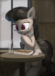 Size: 3000x4167 | Tagged: safe, artist:vultraz, derpibooru import, octavia melody, earth pony, pony, cute, drinking straw, eating, female, fish and chips, food, glasses, mare, sitting, solo, stool, straw, table, tavibetes