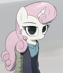 Size: 2000x2317 | Tagged: safe, artist:vultraz, derpibooru import, twinkleshine, pony, unicorn, baneposting, cia (batman), clothes, female, frown, horn, looking at you, mare, solo