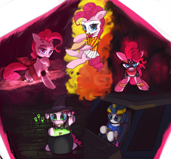 Size: 4000x3723 | Tagged: safe, artist:vultraz, derpibooru import, pinkie pie, earth pony, pony, succubus, abstract background, bedroom eyes, bowtie, candy, cauldron, clothes, clown, clown makeup, clown nose, costume, demon horns, demon wings, driving, female, food, hat, horns, lollipop, looking at you, mare, new conglomerate, pie, pinktober, planetside 2, red nose, shirt, skirt, smiling, wings, witch, witch hat, wrestler