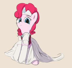 Size: 3600x3399 | Tagged: safe, artist:vultraz, derpibooru import, pinkie pie, earth pony, pony, clothes, dress, female, jewelry, looking at you, mare, princess, simple background, sitting, smiling, socks, tiara, white socks