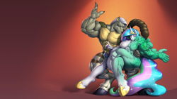 Size: 2276x1280 | Tagged: safe, artist:faogwolf, derpibooru import, princess celestia, oc, anthro, chimera, draconequus, g4, canon x oc, corrupted, female, female muscle growth, fetish, hulk out, injection, muscle fetish, muscles, muscular female, mutation, overdeveloped muscles, princess musclestia, scorpion tail, steroids, stheno, sting, stinger, tail, tango, transformation