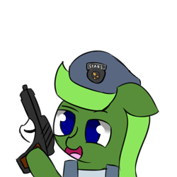 Size: 5000x5000 | Tagged: safe, artist:houndy, derpibooru import, oc, oc only, oc:mosskin, clothes, costume, cute, gun, halloween, halloween costume, handgun, nightmare night, pistol, png, resident evil, simple background, solo, stars(resident evil), transparent background, weapon