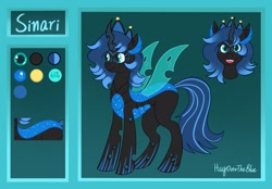 Size: 2213x1536 | Tagged: safe, artist:hayovertheblue, derpibooru import, oc, oc:sinari, changeling, changeling queen, blue changeling, female, happy, looking at you, open mouth, open smile, reference, reference sheet, smiling, spread wings, wings