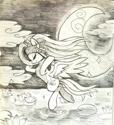 Size: 1065x1174 | Tagged: safe, artist:life_inazuma, derpibooru import, oc, oc only, pegasus, pony, crescent moon, female, flower, lotus (flower), mare, monochrome, moon, night, solo, traditional art, water