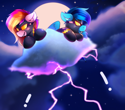 Size: 4096x3600 | Tagged: safe, artist:legionsunite, derpibooru import, oc, oc only, oc:shy-fly, oc:velvet volt, pegasus, pony, bodysuit, clothes, cloud, costume, duo, exclamation point, grin, lightning, on a cloud, shadowbolts, shadowbolts costume, smiling, smirk