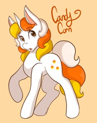 Size: 1300x1640 | Tagged: safe, artist:mscolorsplash, derpibooru import, oc, oc only, oc:candy corn, pony, unicorn, female, mare, open mouth, orange background, raised hoof, raised leg, simple background, solo