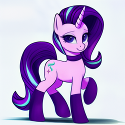 Size: 1024x1024 | Tagged: safe, derpibooru import, editor:siber, generator:stable diffusion, machine learning generated, starlight glimmer, pony, unicorn, clothes, female, lidded eyes, looking at you, mare, raised leg, smiling, smiling at you, socks, solo