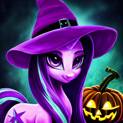 Size: 1024x1024 | Tagged: safe, derpibooru import, editor:siber, generator:stable diffusion, machine learning generated, starlight glimmer, pony, unicorn, female, halloween, hat, holiday, looking at you, mare, pumpkin, smiling, smiling at you, solo, witch hat