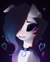 Size: 1771x2164 | Tagged: safe, artist:_gassfra, derpibooru import, oc, oc only, pony, bust, collar, ears, eyelashes, female, floppy ears, heart, open mouth, purple eyes, solo, solo female, white fur