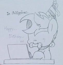 Size: 642x658 | Tagged: safe, artist:maren, derpibooru import, oc, oc only, oc:blue chewings, earth pony, pony, birthday, bust, computer, crying, dialogue, hat, laptop computer, no eyes, party hat, smiling, solo, traditional art