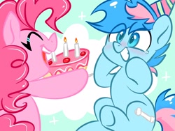 Size: 2048x1536 | Tagged: safe, artist:colorfulcolor233, derpibooru import, pinkie pie, oc, oc:blue chewings, earth pony, pony, g4, birthday, birthday cake, cake, crying, eye clipping through hair, food, grin, hat, hooves on cheeks, party hat, sitting, smiling, tears of joy