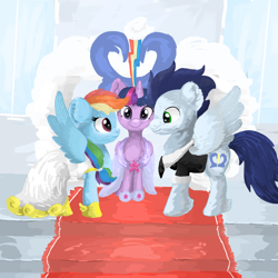 Size: 1000x1000 | Tagged: safe, artist:celedash, derpibooru import, rainbow dash, soarin', twilight sparkle, alicorn, pegasus, clothes, dress, female, male, marriage, shipping, smiling, soarindash, straight, wedding, wedding dress