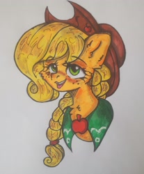 Size: 2980x3594 | Tagged: safe, artist:starkey, derpibooru import, applejack, chest fluff, ear fluff, ears, female, freckles, mare, pigtails, smiling, solo, traditional art