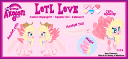 Size: 5000x2300 | Tagged: safe, derpibooru import, oc, oc only, oc:lotl love, hippogriff, axolotl, cute, reference sheet, solo, starry eyes, wingding eyes