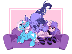 Size: 3683x2774 | Tagged: safe, artist:bizarre_pony, derpibooru import, oc, oc:lavender, bat pony, pegasus, unicorn, clothes, commission, friends, simple background, socks, sofa, striped socks, white background