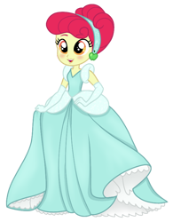 Size: 594x761 | Tagged: safe, anonymous artist, artist:unoriginai, derpibooru import, apple bloom, human, equestria girls, 4chan, adorabloom, alternate clothes, alternate hairstyle, blushing, cinderella, clothes, clothes swap, cosplay, costume, crossover, cute, disney, disney princess, dress, evening gloves, female, gloves, gown, hairband, long gloves, princess apple bloom, princess costume, show accurate, simple background, solo, sparkles, transparent background