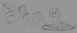 Size: 3400x1500 | Tagged: safe, artist:stray prey, derpibooru import, oc, oc only, oc:lemon frost, oc:lucent, pegasus, pony, unicorn, candle, magic, magic circle, monochrome, scroll, summoning circle