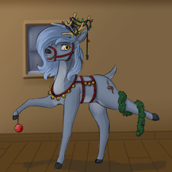 Size: 2200x2200 | Tagged: safe, artist:stray prey, derpibooru import, oc, oc only, oc:panne, deer, reindeer, bauble, bipedal, bridle, christmas, christmas lights, harness, holiday, jingle bells, open mouth, open smile, reindeerified, smiling, solo, species swap, tack, tinsel