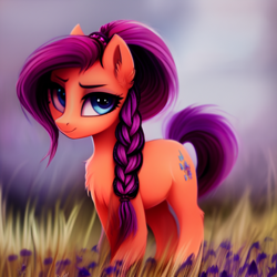 Size: 1024x1024 | Tagged: safe, derpibooru import, editor:siber, generator:stable diffusion, machine learning generated, oc, oc only, earth pony, pony, braid, female, looking at you, mare, solo