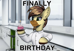 Size: 4764x3336 | Tagged: safe, artist:cmdrtempest, derpibooru import, oc, oc:calpain, birthday, cake, clothes, ear fluff, ears, food, lab coat, male, meme, simple background, solo