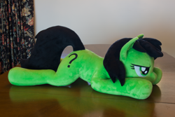 Size: 5184x3456 | Tagged: safe, artist:azgchip, derpibooru import, oc, oc:anon, earth pony, pony, commission, cute, female, grumpy, irl, lying down, mare, photo, plushie, prone, solo, sploot