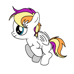 Size: 3072x3072 | Tagged: safe, artist:taeko, derpibooru exclusive, derpibooru import, oc, oc only, oc:cloudy blitz, pegasus, 2022, blue eyes, colored, female, filly, flapping wings, flat colors, flying, foal, looking up, magical lesbian spawn, multicolored mane, multicolored tail, no source, offspring, parent:rainbow dash, parent:scootaloo, parents:scootadash, pegasus oc, smiling, solo, tail, white fur, wings