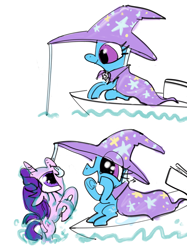 Size: 2048x2732 | Tagged: safe, artist:ja0822ck, derpibooru import, starlight glimmer, trixie, boat, fishing, hook, hook mane, water