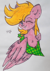Size: 960x1363 | Tagged: safe, artist:starkey, derpibooru import, oc, pegasus, pony, bust, chest fluff, ear fluff, ears, folded wings, looking at you, one eye closed, pegasus oc, pony oc, smiling, smiling at you, solo, traditional art, wings, wink, winking at you