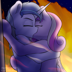 Size: 2048x2048 | Tagged: safe, alternate version, artist:darbedarmoc, derpibooru import, princess cadance, shining armor, alicorn, pony, unicorn, eyes closed, female, fire, hug, kissing, male, night, romantic, shiningcadance, shipping, standing, straight