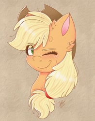 Size: 928x1181 | Tagged: safe, artist:galaxy swirl, derpibooru import, applejack, earth pony, pony, bust, eye clipping through hair, one eye closed, portrait, smiling, solo, wink